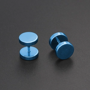 Blue titanium steel barbell stud earrings with polished round flat discs for men and women