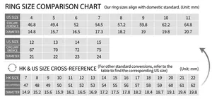 Detailed size chart for rings showing US and HK measurements in mm for precise fitting