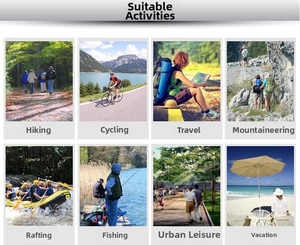 Outdoor D-ring carabiner clips shown in 8 scenarios like hiking, cycling, and climbing