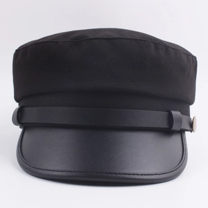 Classic black military style flat top cap with leather visor and gold metal button details