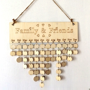 Wooden Family & Friends birthday reminder calendar plaque with hanging circular DIY tags