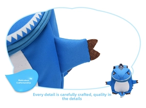 Detail of blue dinosaur backpack showing premium stitching and 3D fin design for kids