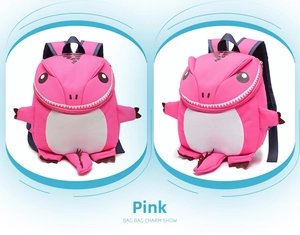 Detail view of the 3D rose red dinosaur kid backpack showing front and side profile