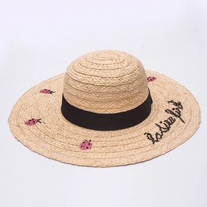 Raffia Straw Sun Hat Women Wide Brim Ladies First Embroidery Pink Ladybug Detail Breathable Summer Beach Vacation