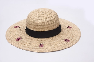 Lafite straw sun hat with black ribbon and purple ladybug embroidery for beach vacation