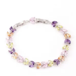Elegant 18k white gold wheat ear bracelet with colorful AAA marquise-cut zircon stones
