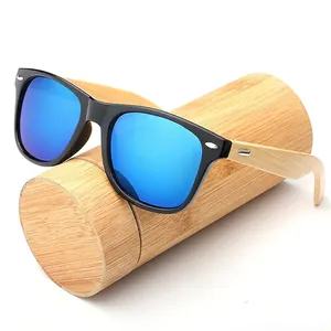 Bamboo wood sunglasses with blue mirror lenses and a round bamboo carrying case