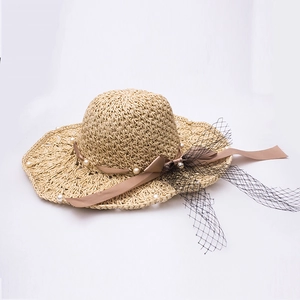 Chapeau De Paille Femme Été Plage Large Bord Künstliche Perle Nœud Ruban Satin Voile Résille Élégant Français Vintage Vacances