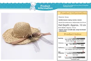 Détail du chapeau de paille avec voile, perles et taille ajustable 54-58cm