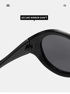 Detail view of the secure mirror shaft and hinge on black Y2K futuristic sunglasses
