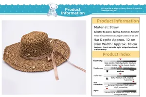 Détail du chapeau de paille fait main avec perles, ruban en soie et spécifications de taille