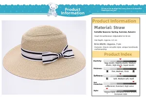 Detail specifications of straw sun hat featuring adjustable head size and bow decoration