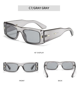 Vorder- und Rückansicht der trendigen rechteckigen Sonnenbrille mit grauen Klarsichtrahmen