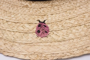 Detail of hand-woven straw hat texture with a pink 3D ladybug insect decoration