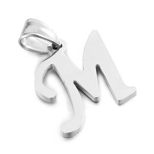 Polished silver stainless steel letter M pendant for necklaces on a clean white background