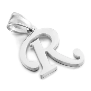 Polished silver stainless steel letter R pendant necklace on a plain white background