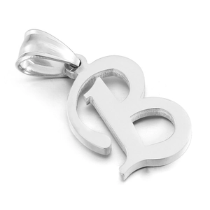 Polished silver stainless steel gothic letter B pendant with large bail on white background