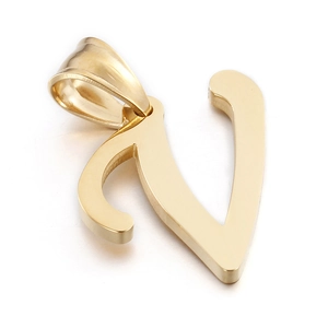 Polished gold stainless steel letter V pendant with sharp metallic luster on white background