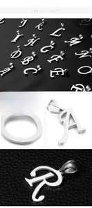 Macro detail of polished stainless steel A-Z initial pendants with teardrop bails