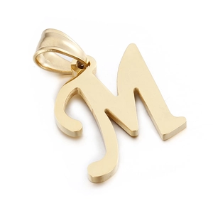Polished golden stainless steel letter M pendant for jewelry making on white background