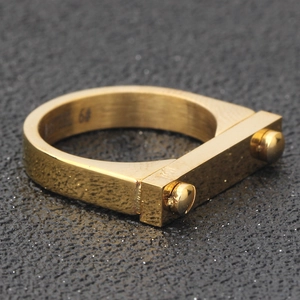 Macro view of 4mm gold titanium steel ring featuring industrial rivet bolt details