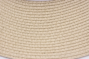 Close-up of the spiral woven straw texture and fine stitching on a wide-brim sun hat