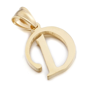 Polished gold stainless steel letter D pendant for necklace on white background