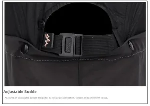 Close-up of the adjustable black plastic buckle and strap on a breathable sun hat