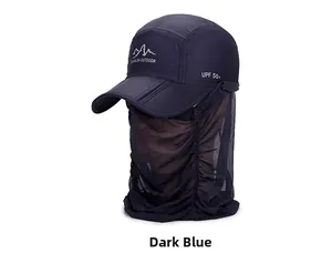 Close-up of a deep blue outdoor sun hat with UPF 50+ protection and breathable neck flap