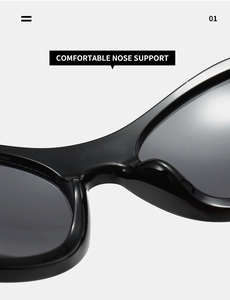 Detail of comfortable integrated nose support on black Y2K futuristic sports sunglasses