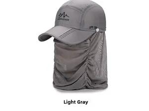 Detail of light grey outdoor sun hat showing the UPF 50+ label and mesh face mask