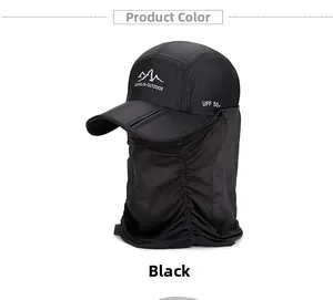 Detailed view of black outdoor sun hat featuring UPF 50+ protection and neck cover