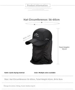 Detailed dimension guide for black outdoor UPF 50+ sun hat with face and neck protection