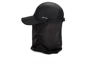 Close-up of black outdoor sun hat with UPF 50+ rating and neck protection cover
