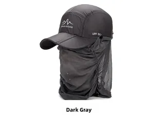 Detail showing the UPF 50+ sun protection rating on a dark grey outdoor sun hat