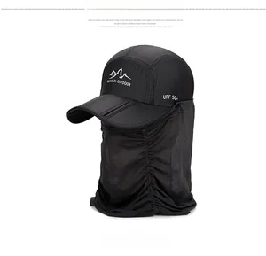 Detail of waterproof sun hat showing UPF 50+ protection and breathable mesh panel