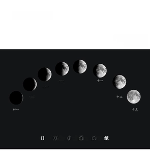 Close-up of minimalist black and white moon phase stickers for journal decoration