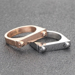 Macro shot showing brushed stainless steel rings with unique screw rivet details