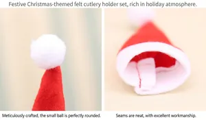 Detail of red and white non-woven Christmas hat cutlery holders with neat stitching