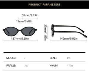 Detailed size parameters and PC material specs for oval frame vintage sunglasses