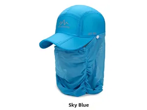 Detail of sky blue outdoor sun hat with breathable mesh face cover and UPF 50+ label