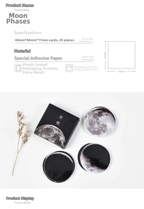 Detail of 45-piece moon phase stickers in a box for DIY scrapbooking and decoration