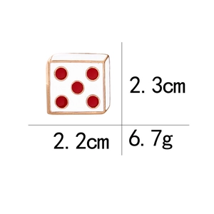 Detailed size view of creative dice enamel brooch badge showing 2.3cm by 2.2cm dimensions