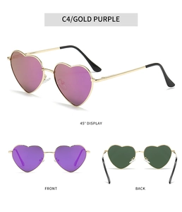 Detailed views of gold heart-shaped sunglasses with purple lenses from three angles