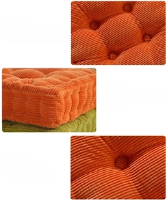 Detail of tufted corduroy chair cushion showing 8-10cm thickness and ribbed texture