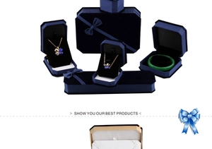 Navy blue velvet jewelry box collection with elegant ribbon bow for ring and necklace
