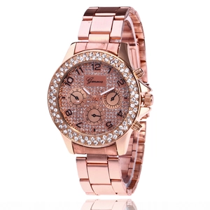 Elegante orologio da donna Geneva oro rosa con strass in cristallo e cinturino in metallo
