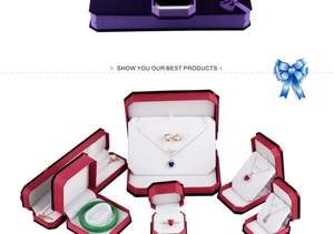 Detailed set of red and purple velvet jewelry boxes for necklaces, rings and bracelets