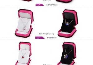 Octagonal velvet jewelry box set showing ring and pendant cases with dimensions and weight