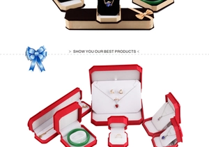 Collection of velvet jewelry boxes for necklaces and rings in red and brown colors
